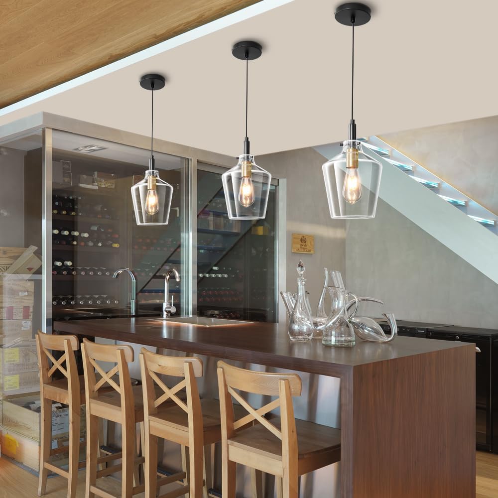 Modern Glass Pendant Lighting for Kitchen Island, Farmhouse Black and Gold Pendant Light Fixtures 1 Pack, Adjustable