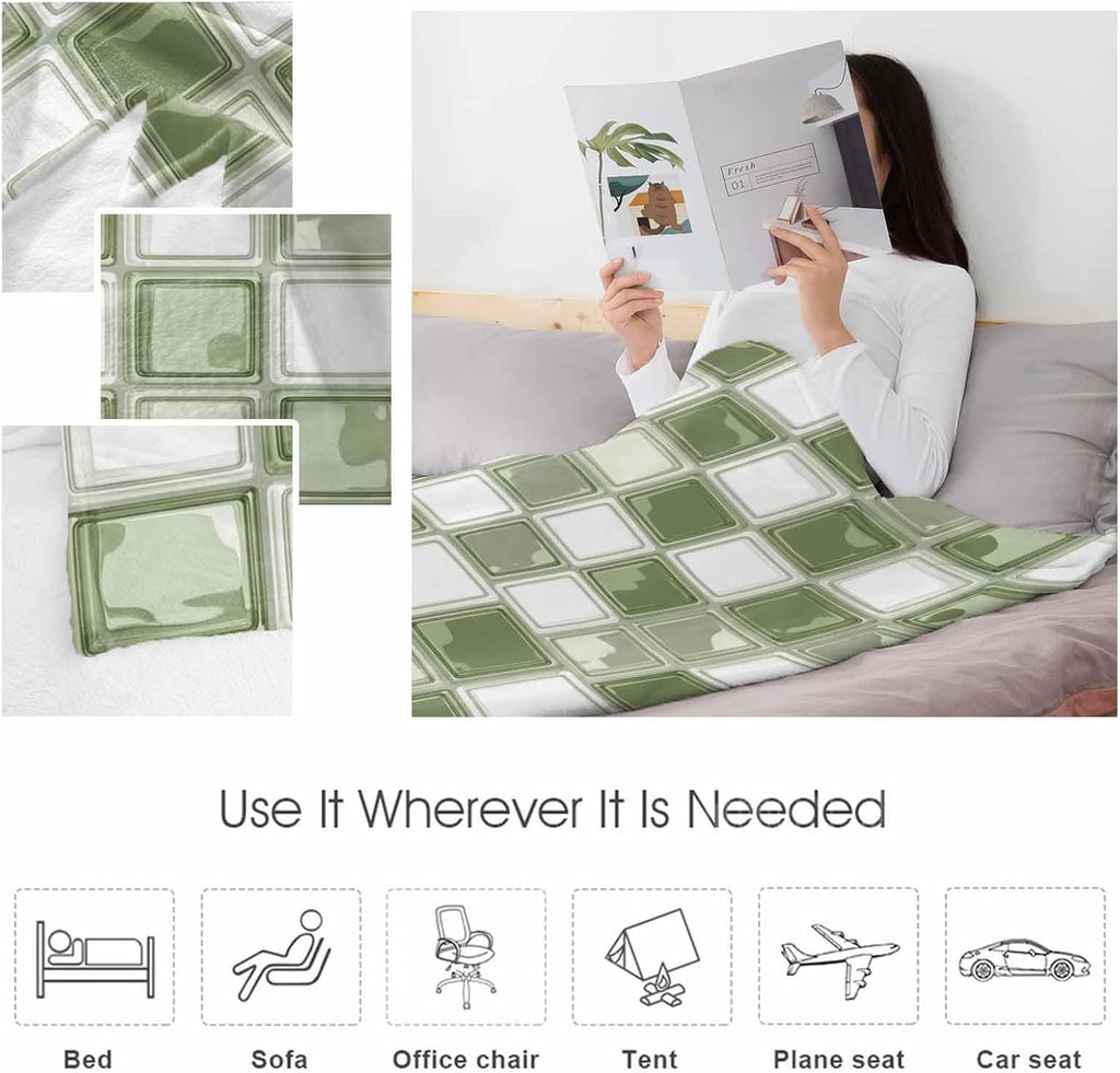 Coastal Aesthetic Throw Blanket Boho Sage Green Squares Mosaic Flannel Cozy Soft Warm Fleece Blankets, 50 x 60 inch