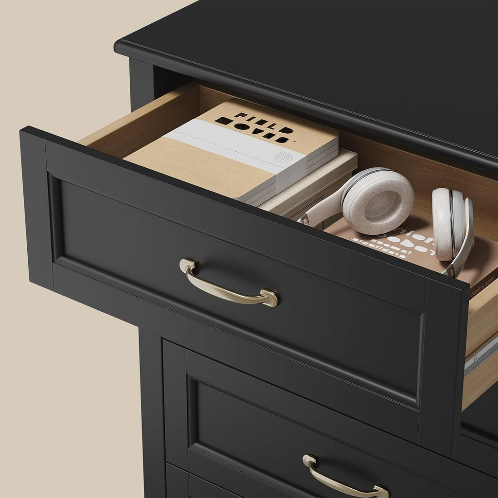 5 Drawer Dresser, Black Wood Chest of Drawers , 43.3" Large Capacity Storage Cabinet with Anti-Tip Device, for