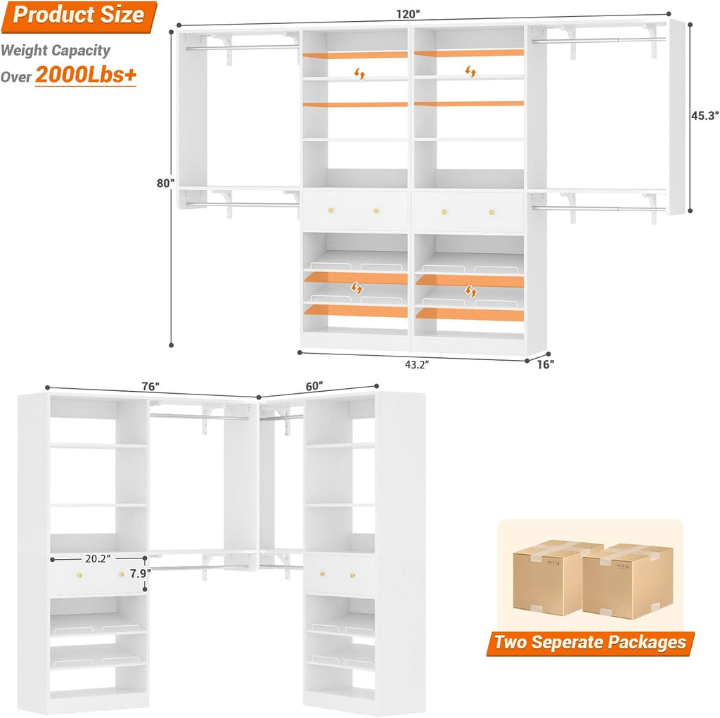 [10 FT Closet System] 120 Inch Reversible Set of 2 Wood Closet Organizer System with 2 Drawers, 4 Hanging Rods