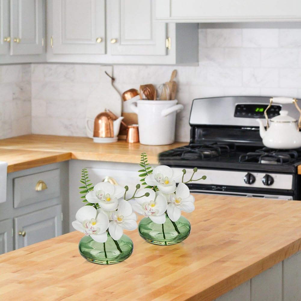 White Orchids Artificial Flowers Faux Orchids Arrangement in Light Green Glass Vases Set of 3 Real Touch Phalaenopsis