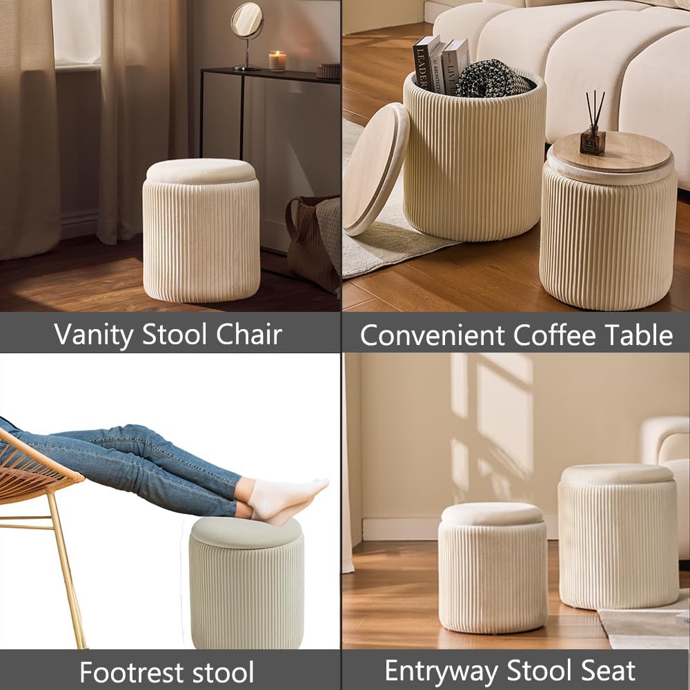 Set of 2 Round Storage Ottoman, White Velvet Ottoman with Storage | Upholstered Padded Vanity Stool, Multifunctional
