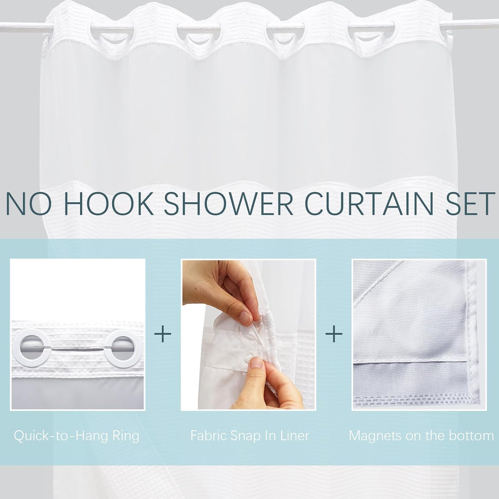 No Hook Waffle Weave Shower Curtain with Snap-in Fabric Liner Set | 71W x 74H,256GSM Waffle Weave White Hotel Grade