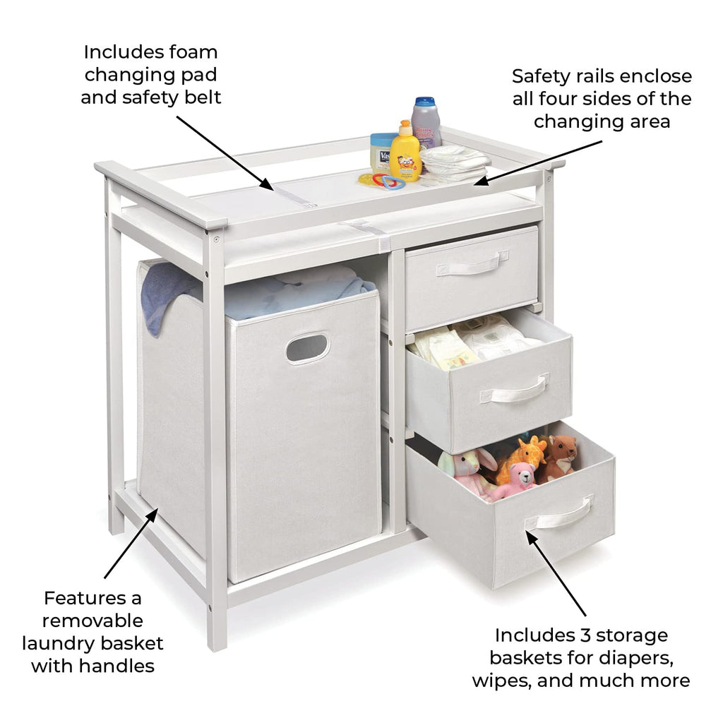 Modern Baby Changing Table - Nursery Furniture with Laundry Hamper and 3 Storage Drawers - Diaper Changing Station