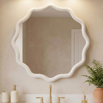 24" Scalloped Wood Wall Mirror, Boho Wall Decor, White