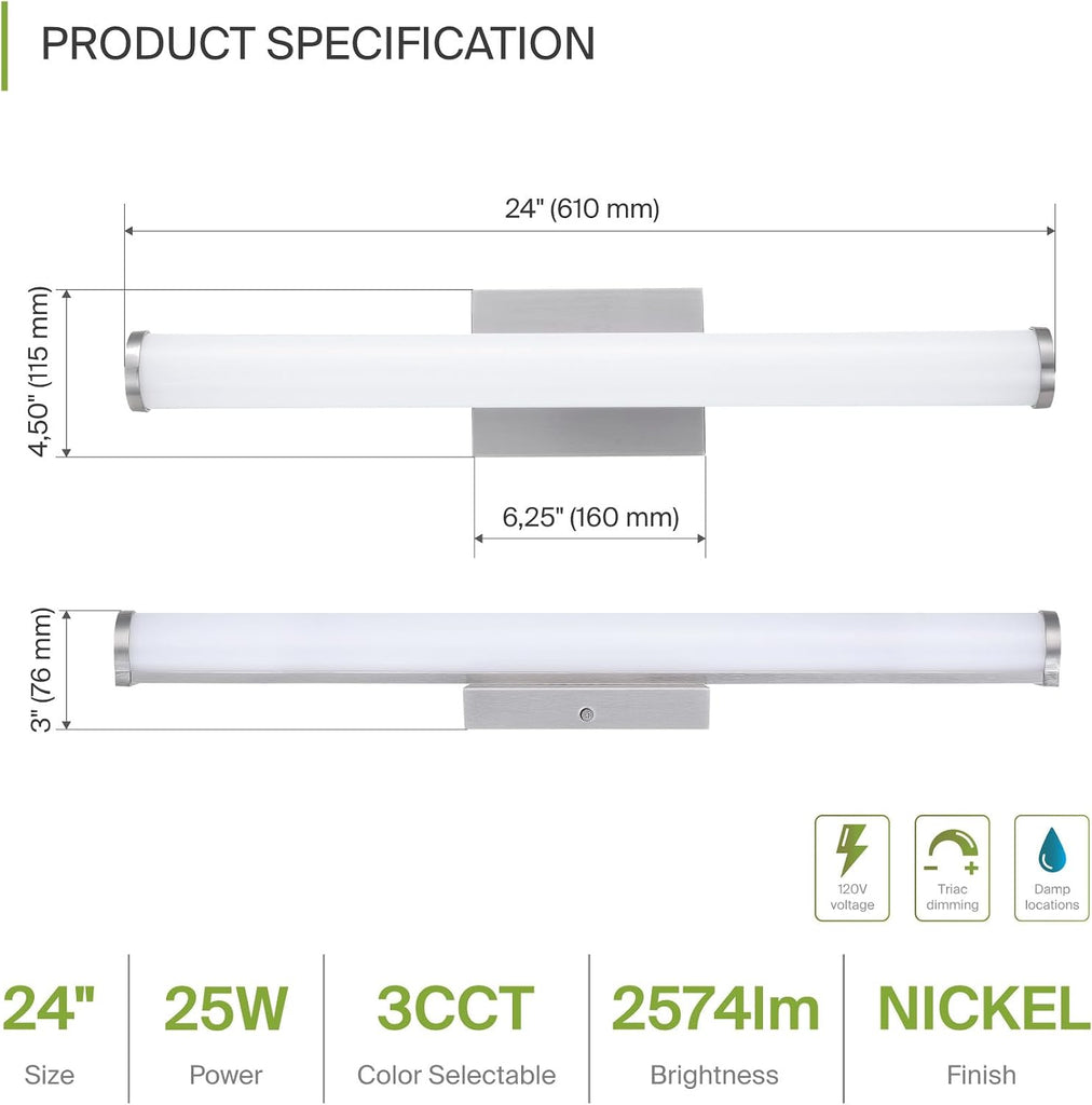 24" LED Linear Vanity Light Fixture, Modern Bathroom Sconce - 3 Color 3000K-5000K, Dimmable, 25W 1750LM, Energy Star
