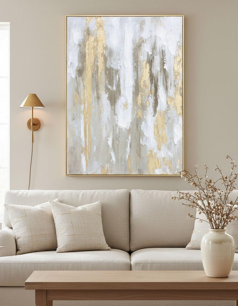 Gold Abstract Wall Art Decor - Framed Texture Paintings Modern Canvas Artwork with Hand-Painted Gold Foil for Modern