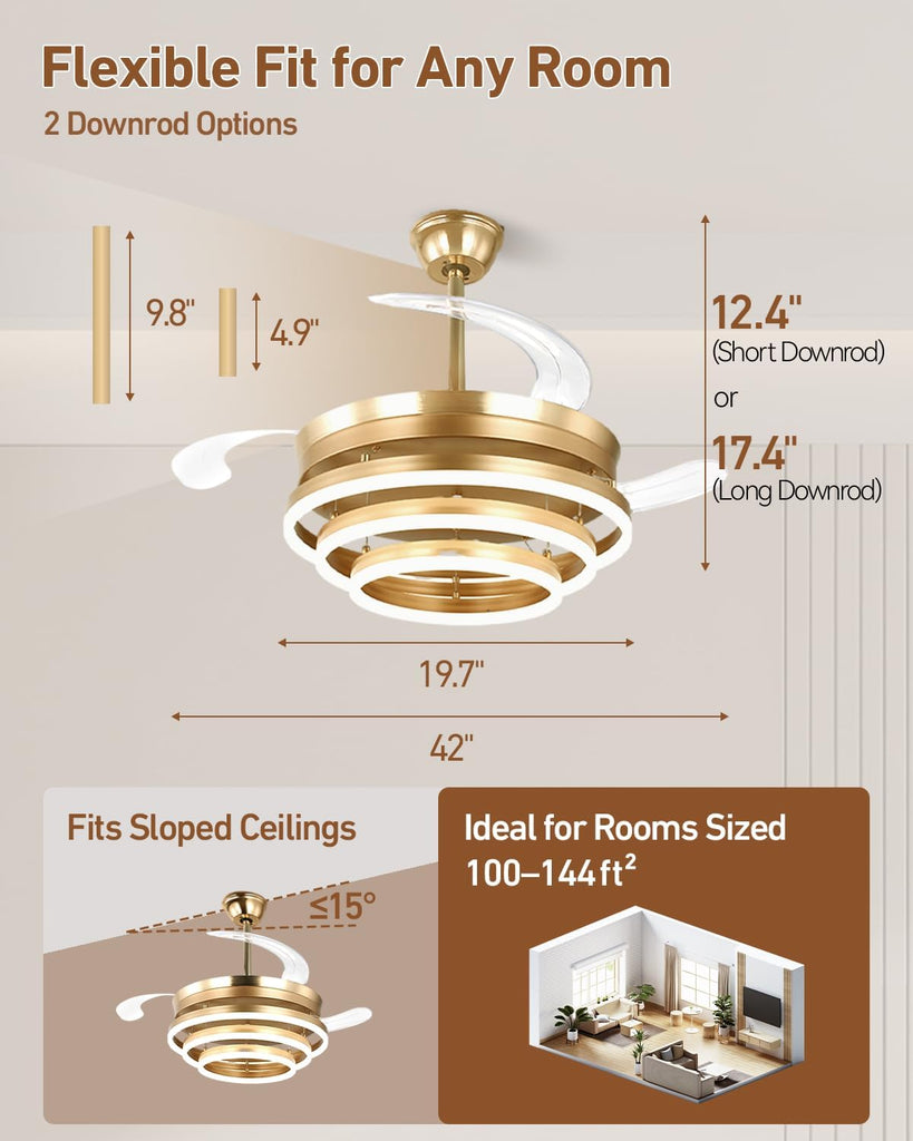 42 Inch Retractable Ceiling Fan with Lights, Gold Fandelier Chandelier Fan with Remote, 6-Speed Silent DC Motor