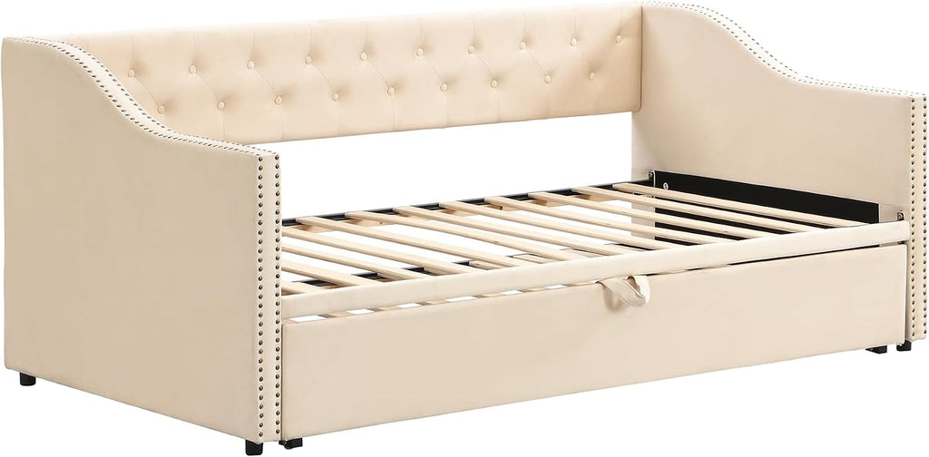 Twin Size Upholstered Velvet Daybed with Pop Up Trundle, Multi-Functional Sofa Bed with Backrest and Two Armrest for