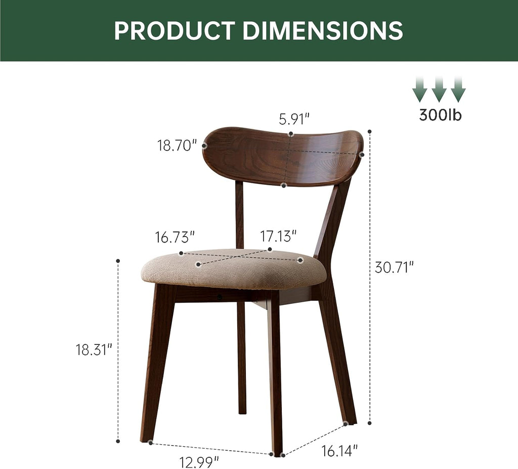 100% Solid Wood Upholstered Dining Chairs, Mid Century Modern Oak Dining Chairs with Curved Back Design with