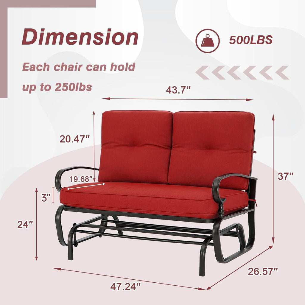 Outdoor Glider Rocking Bench 2 Person Patio Loveseat Steel Frame Furniture Set with Removable Cushion , Garden, Yard