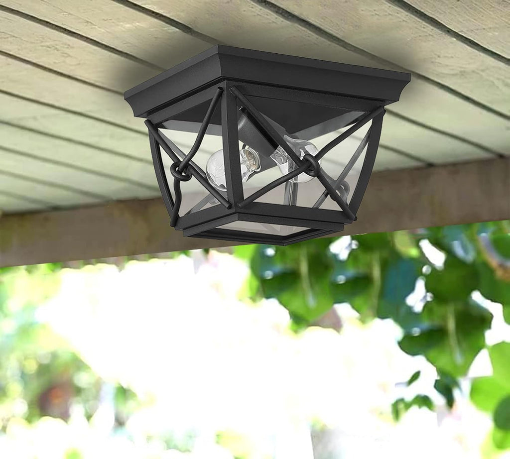 Belmont 2-Lights Outdoor Flush Mount Ceiling Light, 10 Inch Lighting Fixture for Porch, Patio and Entryway, Black