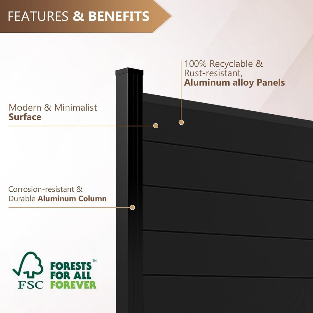 6 Ft×6 Ft Aluminum Alloy Fence Panels, Black Privacy Fence, Garden, Backyard, Wind Resistant Fence with 2 No-dig Post