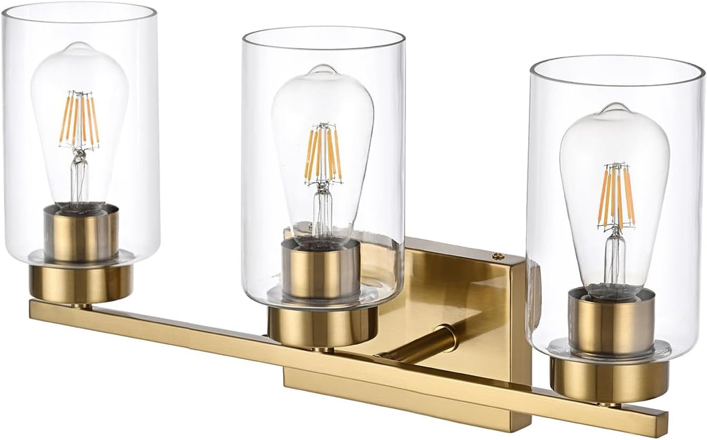 3-Light Bathroom Vanity Light, Modern Brushed Gold Wall Lights with Clear Glass Shades, Bathroom Wall Sconce Lamp for