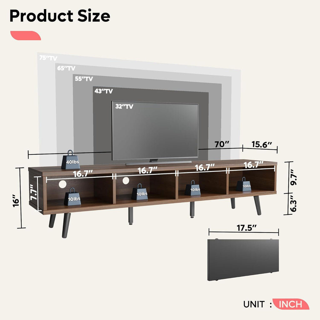 70 inch Mid Century Modern TV Stand for 75 inch TV, Low Profile TV Stand with Storage, Entertainment Center for Living Room, Cord Management, Walnut
