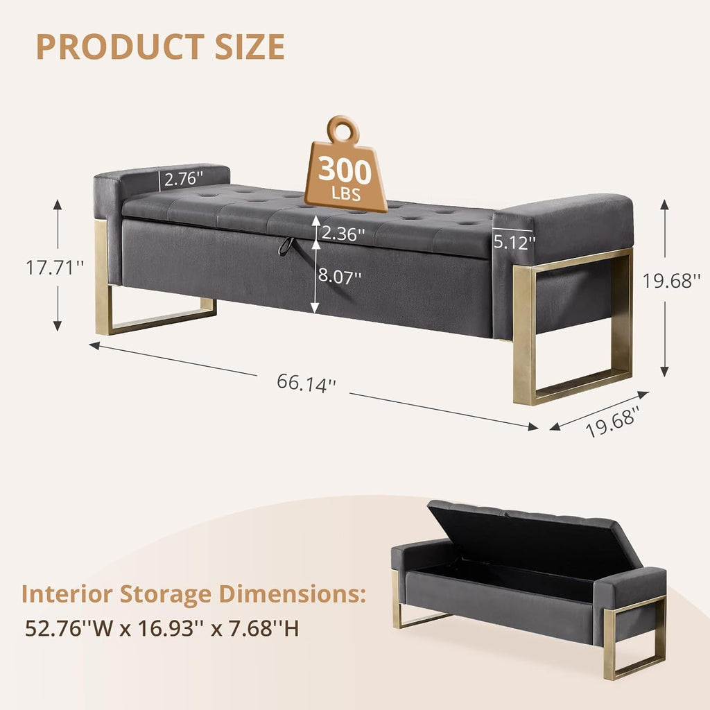 End of Bed Storage Bench, 67'' Benches Foot of Bed King, Upholstered Velvet Tufted Storage Ottoman Bench with Gold