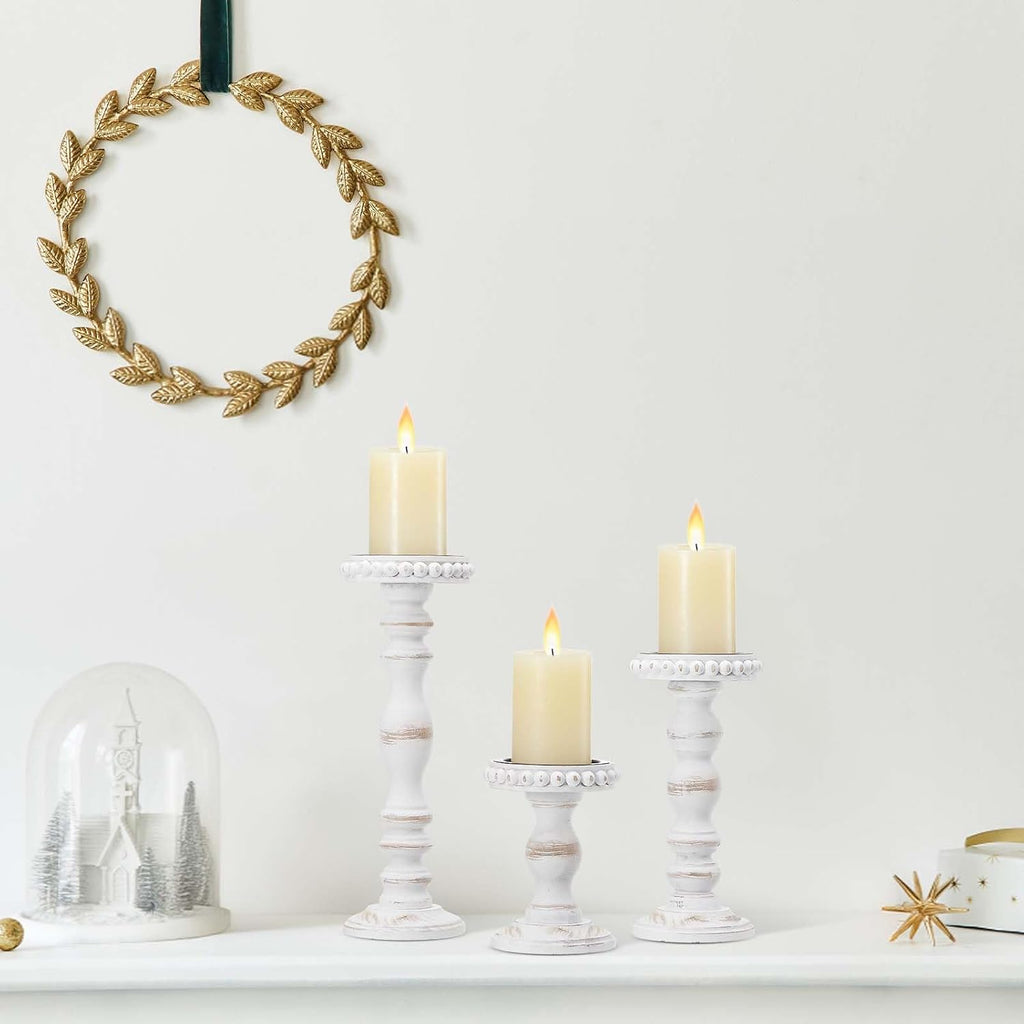 3 Pcs Candle Holders for Pillar Candles Rustic Farmhouse Home Decor Decorative Washed Beaded White Black Wood Candle