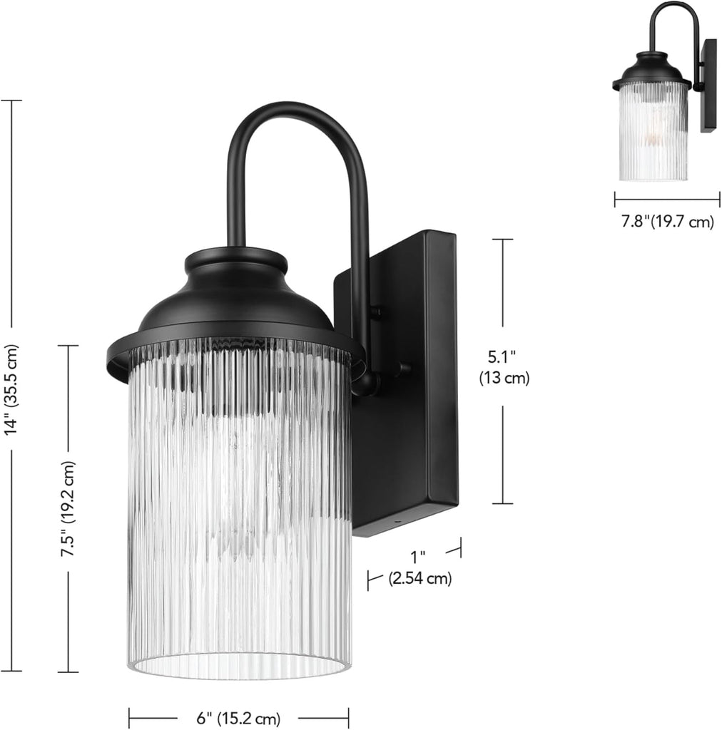 1-Light Outdoor Wall Sconce, Matte Black, Ribbed Glass Shade, Porch Light, Wall Lights for Living Room, Patio Decor, Apartment Essentials, Outside House Lights