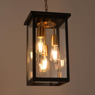 3-Lights Large Outdoor Pendant Light, Modern Black and Brass Exterior Hanging Porch Light with Clear Glass