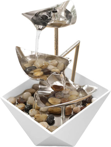 Tabletop Water Fountain Indoor - Handcrafted 3-Tier Waterfall 304 Metal Easy "+" "-" On/Off Switch, Quiet Pump, Zen