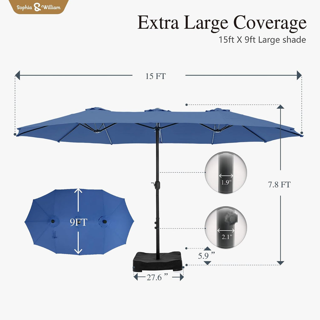 15 ft Extra Large Patio Umbrella with Base Included, Rectangular Outdoor Umbrella Heavy Duty