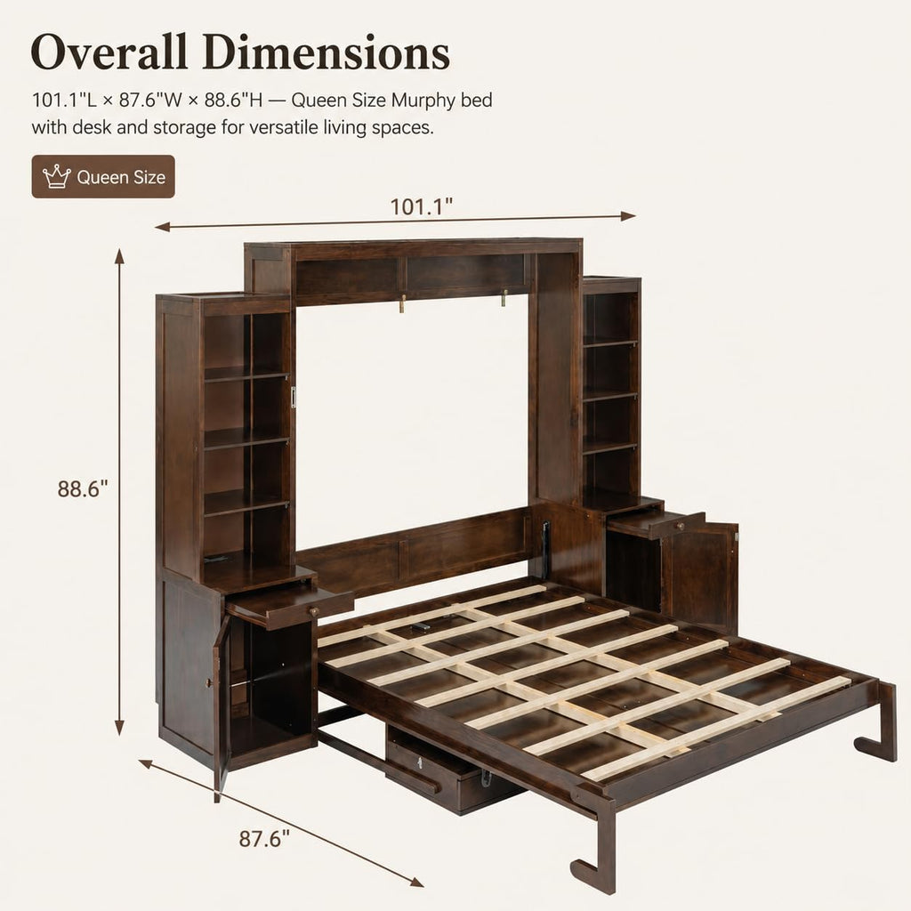Queen Murphy Bed with Desk, Wall Bed Cabinet with Storage Shelves, Enclosed Cabinets and Hidden Foldout Workstation