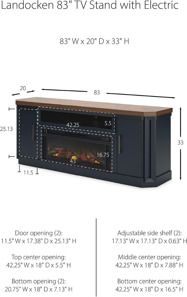 Fireplace TV Stand, 83" Console for 95" TVs, Built-in Speakers, Hardwood Solids, Mindi Veneer and MDF