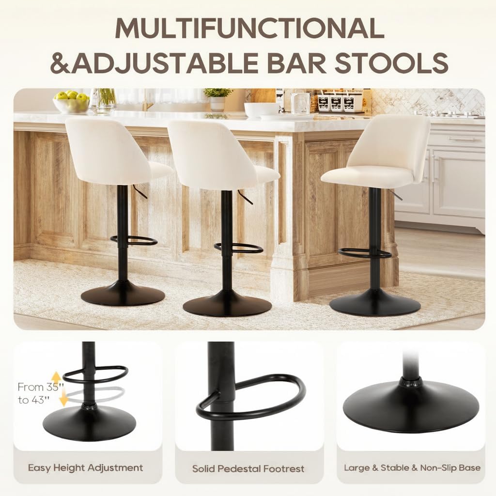 Adjustable Fabric Bar Stools,360° Modern Swivel Counter Height Chairs with Soft Cushioned Seat & Stable Metal Base
