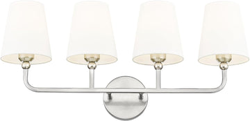 4-Light Brushed Nickel Bathroom Vanity Light, White Fabric Shades | Ideal for 32-42" mirrors, 28" bathroom light