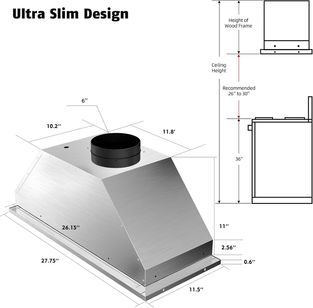 30 Inch Stainless Steel Range Hood Insert 900 CFM 4 Speed Gesture & Touch Control Convertible Ducted/Ductless