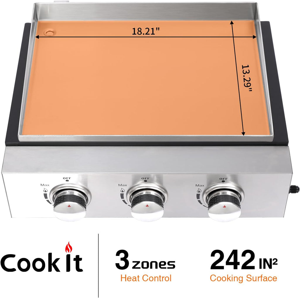 3-Burner Portable Tabletop Propane Gas Griddle, Stainless Steel Cooking Surface with Protective Cover and Regulator for Camping, Tailgating, and Outdoor Cooking
