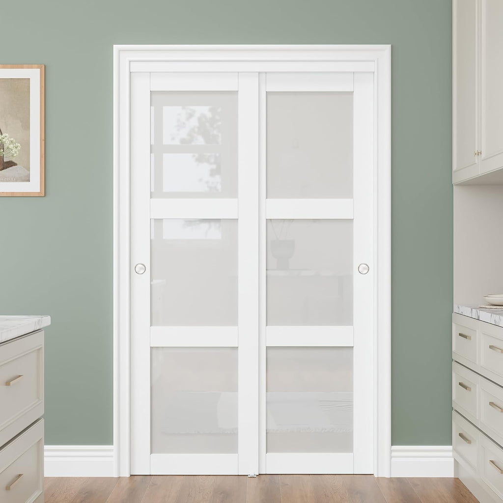 Bypass Glass Sliding Closet Door 48x80, Double Closet Panels with Hardware & Fascia, 3 Lite Frosted 