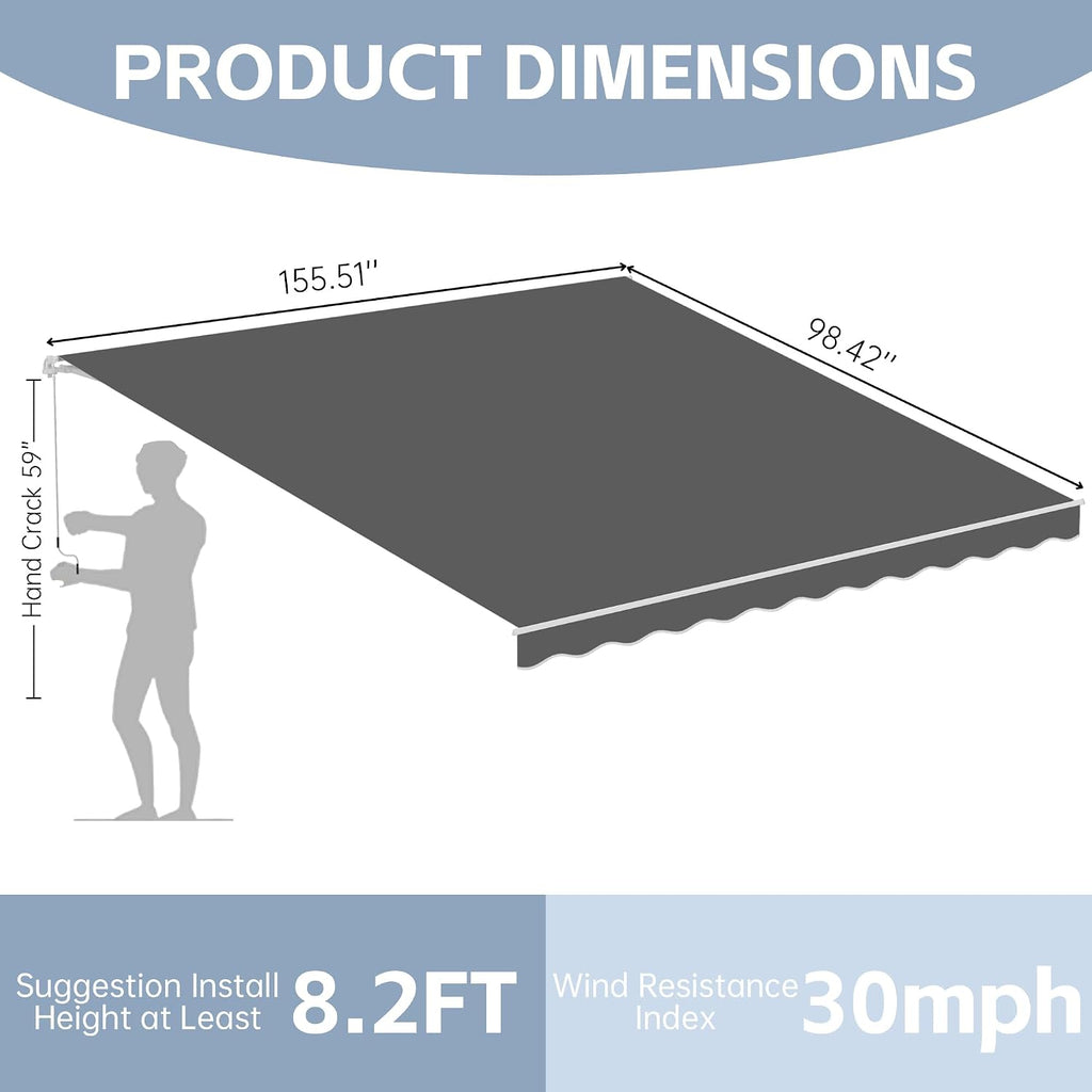 13' x 8' Retractable Awning Awning with Adjustable Tilt Angles, UV Protection Sun Shade with Rust-Resistant Aluminum