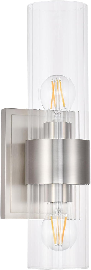 Bathroom Sconces Wall Lighting with Clear Ribbed Glass, Brushed Nickel 2-Light Bathroom Vanity Light Fixtures for