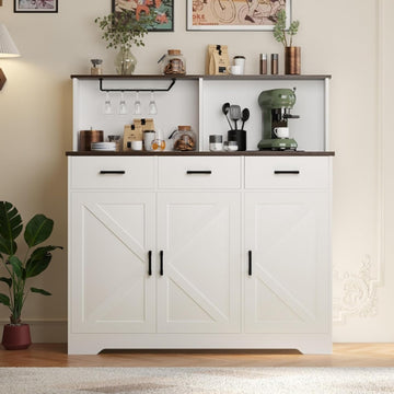 Farmhouse Sideboard Buffet Cabinet with Microwave Stand, Barn Doors Buffet Storage Cabinet with Drawers and Shelves