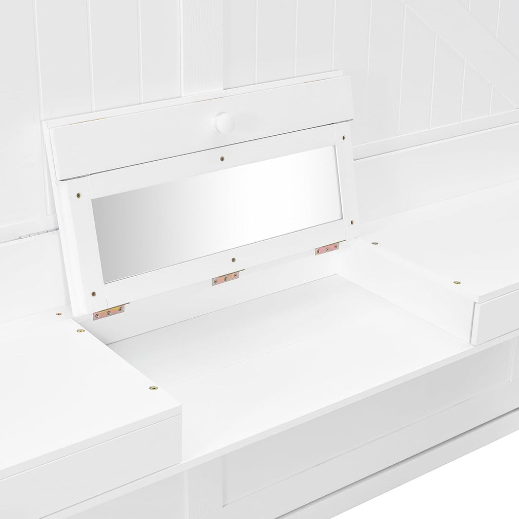 Wall Murphy Bed with Storage, Foldable Cabinet Bed with Vanity Desk, Center Mirror & 2 Side Drawers, Queen, White