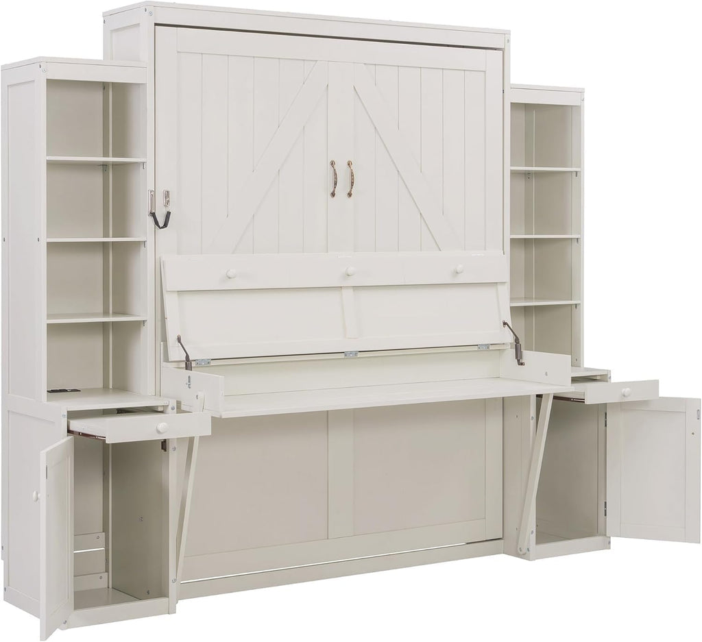 Queen Murphy Bed with Desk and Lights, Power Outlet, Foldable Murphy Cabinet Bed with Open Storage Shelves & Drawers