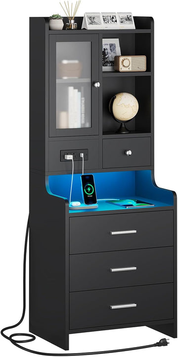 Tall Night Stand with Charging Station and LED Lights,49.2" Nightstand with Bookshelf, Black Bedside Table with