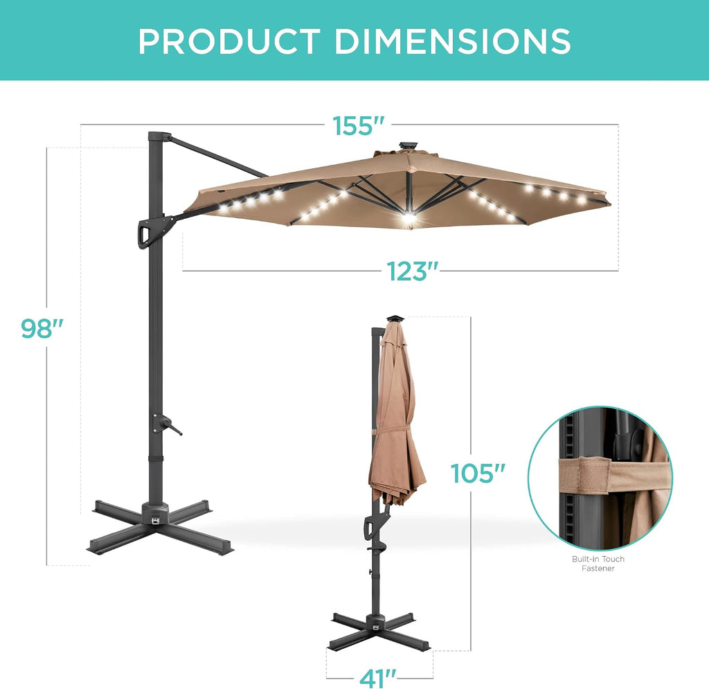 10ft Solar LED Cantilever Patio Umbrella, 360-Degree Rotation Hanging Offset Market Outdoor Sun Shade w/Lights - Tan