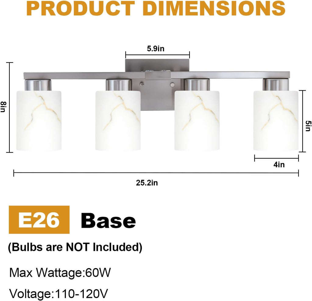 4-Light Bathroom Light Fixtures, Modern Vanity Lights, Brushed Nickel Metal Wall Lamp with White Marble Glass