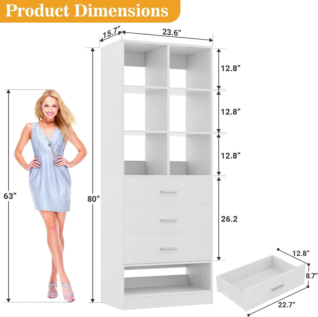 Closet System Organizer with 3 Drawers and Partition Storage, Freestanding Wardrobe Organizer Modular with Shoe