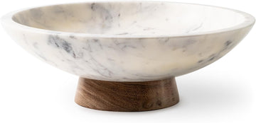 Marble Decorative Bowl with Acacia Wood Pedestal, 11 Inch | Handcrafted Natural Stone Fruit Bowl , Potpourri, Catch