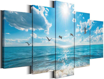 Seascape Canvas Wall Art Prints 5 Pieces Sea Pictures Blue Sky Ocean Wall Decor Living Room Home (Small, Wrapped