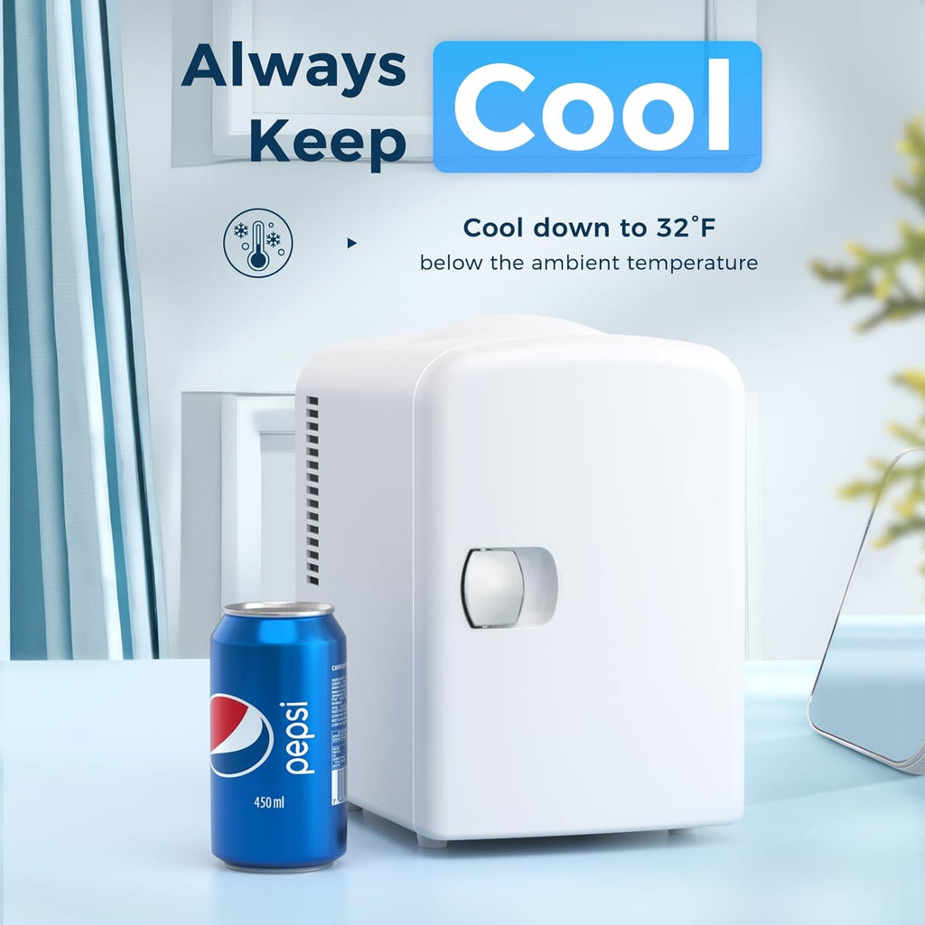 Compact Refrigerator, Portable Mini Fridge, Skin Care 4L Capacity/6 Cans, for Bedroom, Car, Office & Dorm, Small