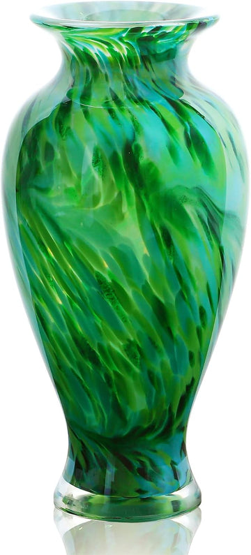 Hand Blown Green Classic Vase Decor, 11.5Inch Glass Flower Vase
