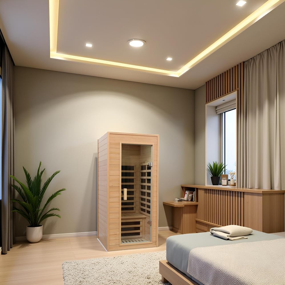 1 Person Infrared Sauna, Low EMF FAR Infrared Saunas for Home, 1200 watt Canadian Hemlock Indoor Sauna Room with LED Reading Lamp, LCD Display Control, Blue-Tooth Audio