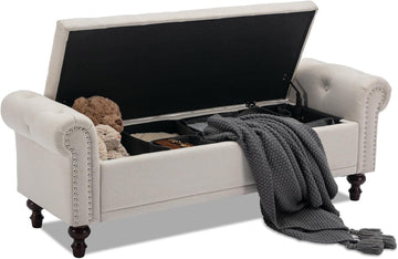 58.1" Storage Bench , Linen Upholstered, Beige | End of Bedroom Bed Bench Ottoman with Tufted Cushioned Rolled Arm