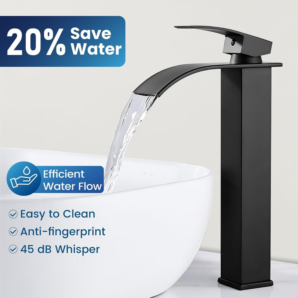 Vessel Sink Faucet, Tall Waterfall Bathroom Faucet, Single Handle One Hole Mixer Bowl Tap with Large Rectangular Spout
