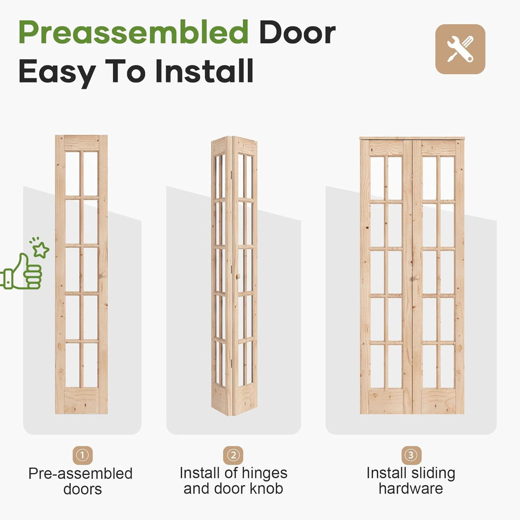 Bifold Closet Door,for 32in x 80in (Double 16x80) Opening,French Glass Barn Doors with 2.66FT Concea