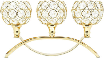 3-Arm Arched Crystal Candelabra, Gold Candle Holder Table Centerpiece, Dining, Party, Thanksgiving & Christmas